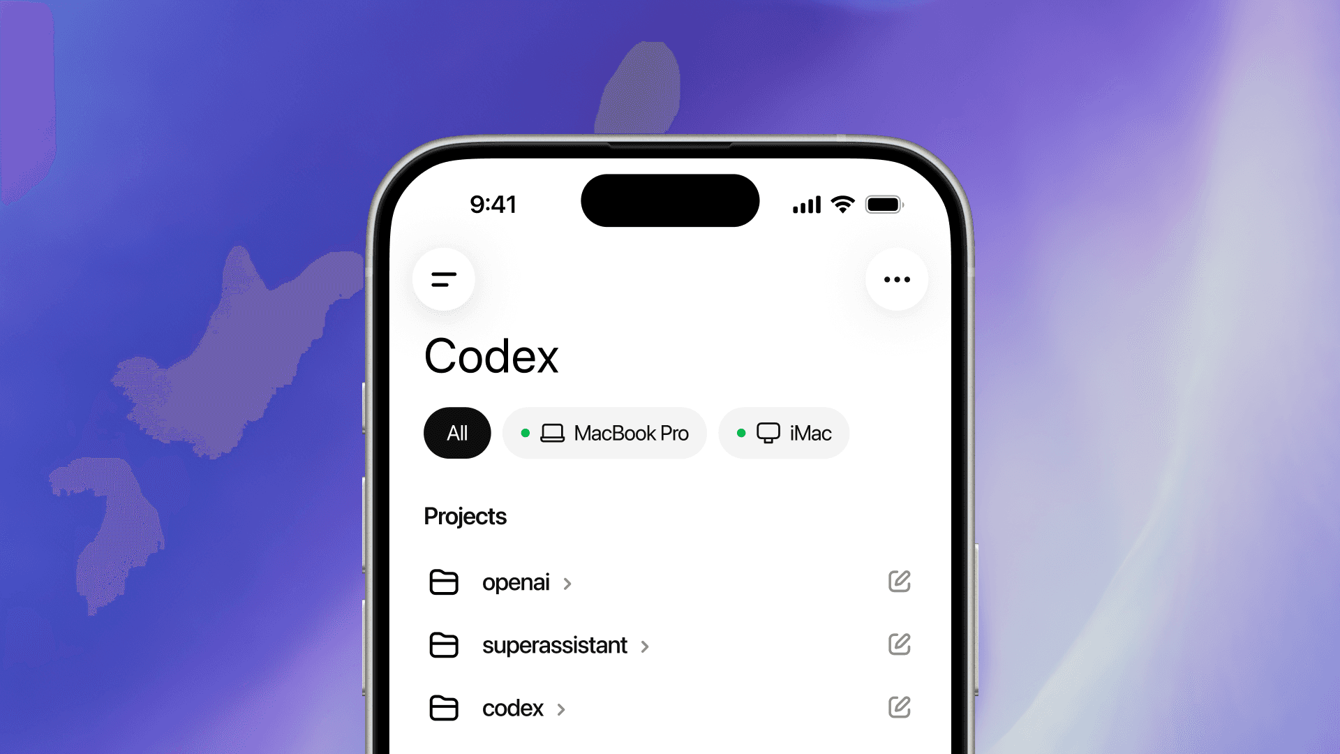OpenAI Codex mobile app interface showing coding agent threads on a smartphone screen